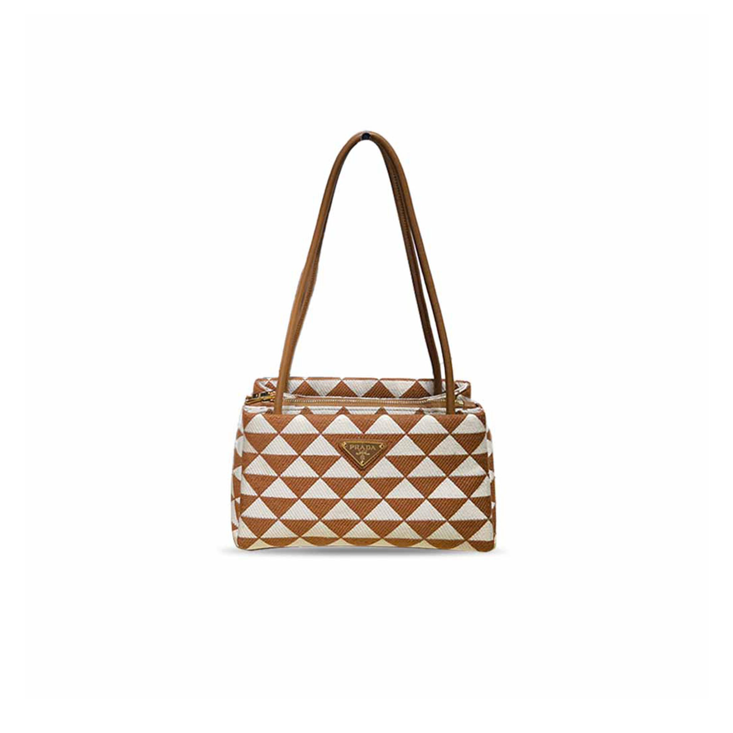 PRADA TRIANGULAR LAMBSKIN LEATHER EMBROIDERED SHOULDER HANDBAG 1BA368 (25*13.5*13cm)